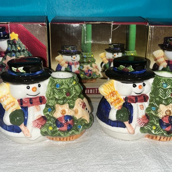 Vintage Ceramic Snowman Napkin Holder, Candle Holders, Salt and Pepper Set - Picture 4 of 16